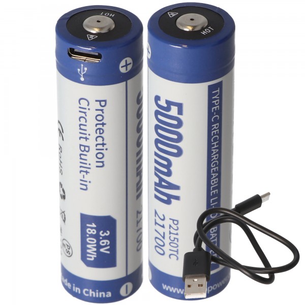 2 stk 21700 Li-ion batteri 5000mAh 3,7V - 3,6V 76,2x21,4mm med PCB beskyttelse inklusive USB-C opladningsmulighed