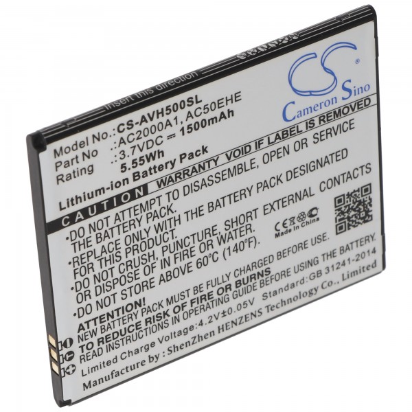 Batteri passer kun til Archos AC50EHE batteri AC2000A1, Archos 50e Helium 4G, Li-ion, 3,7V, 1500mAh, 5,6Wh