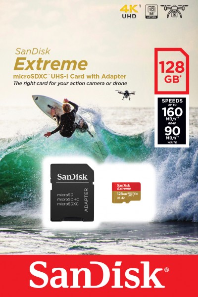 Sandisk microSDXC-kort 128GB, Extreme, U3, A2, 4K UHD (R) 160MB/s, (W) 90MB/s, SD-adapter, detailblister