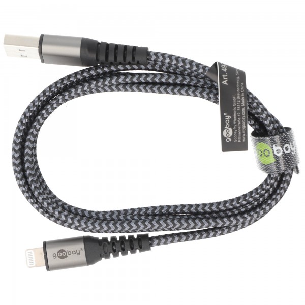 Lyn til USB-A tekstilkabel med metalstik, ekstra robust tilslutningskabel til Apple iPhone, iPad, iPod, AirPod, optimeret knækbeskyttelse