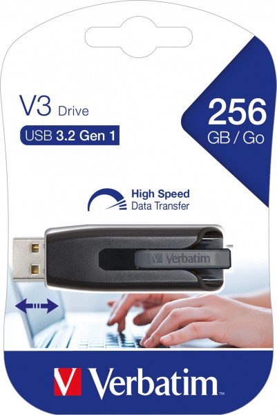Verbatim USB 3.2 Stick 256GB, V3 Drive, Grå Type-A, (R) 120MB/s, (W) 25MB/s, detailblister