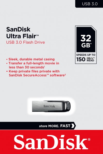 Sandisk USB 3.0 Stick 32 GB, Ultra Flair Type-A, (R) 150 MB/s, SecureAccess, detailblister
