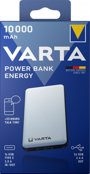 Varta batteri powerbank, 5V/10.000mAh, Energi, hvid 2xUSB-A/Micro-B/-C