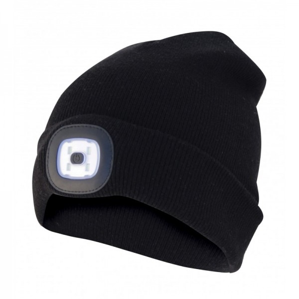 Hat med LED-frontlys, strikket hat med LED-lys ideel til jogging, camping, arbejde, gå osv., Genopladelig via USB og vaskbar, sort