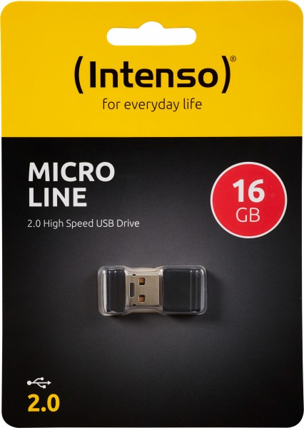Intenso USB 2.0 Stick 16 GB, Micro Line, sort (R) 16,5 MB/s, (W) 6,5 MB/s, detailblister