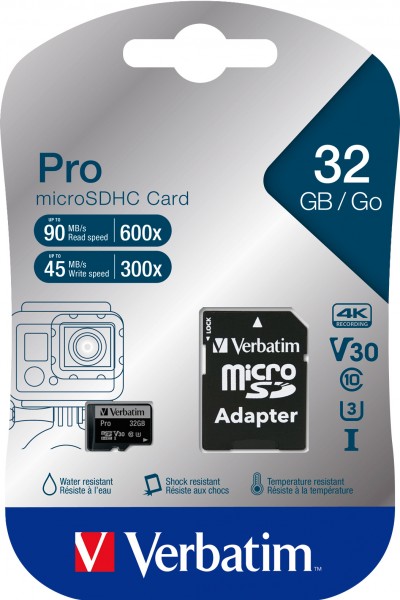 Verbatim microSDHC-kort 32GB, PRO, U3, UHS-I, 4K UHD (R) 90MB/s, (W) 45MB/s, SD-adapter, detailblister