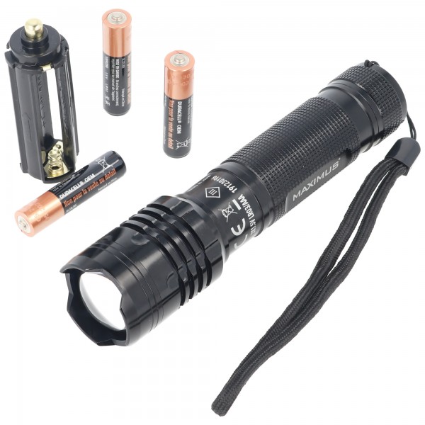 Zoomfokus LED-lommelygte med 5 watt LED maks. 535 lumen, inklusive 3 AAA Duracell-batterier