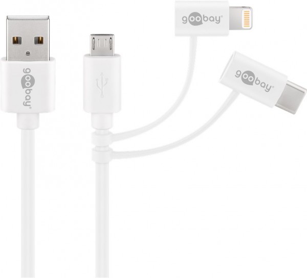 3in1 kombinationskabel med micro USB, USB-C og Apple Lightning-stik