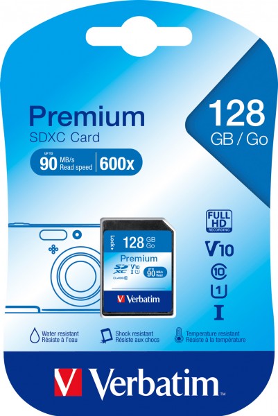 Verbatim SDXC-kort 128GB, Premium, Klasse 10, U1, UHS-I (R) 90MB/s, (W) 10MB/s, detailblister