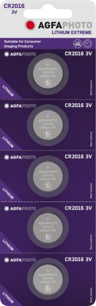 Agfaphoto Battery Lithium, Knapcelle, CR2016, 3V Extreme, Retail Blister (5-Pack)