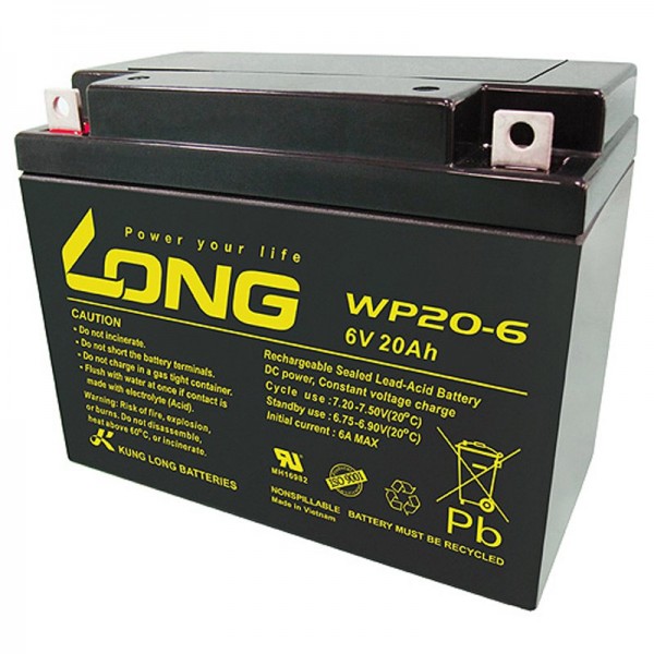 Kung Long WP20-6 blybatteri 6 volt 20Ah med M5 fladpol - M5 B / N kontakt