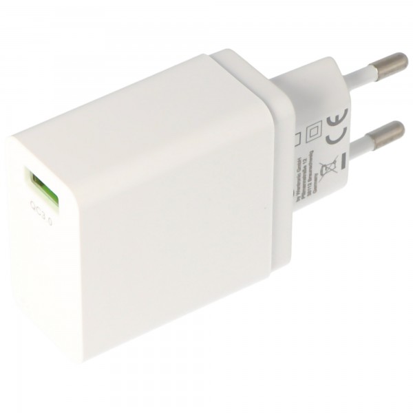 USB hurtigoplader QC3.0 18W, Quick Charge USB strømforsyning, hvid