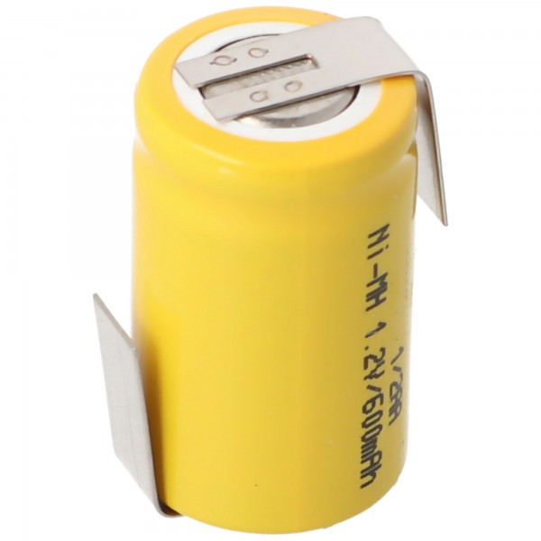 1 / 2AA batteri med 1,2 Volt spænding og 600mAh kapacitet med lodde lugs Z-form, 25,5 x 14,5 mm