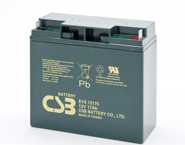 CSB-EVX12170 12 Volt AGM blybatteri 17Ah, 181x76,2x167mm M5 fladpol - M5 B / N cyklusbeskyttet + standby