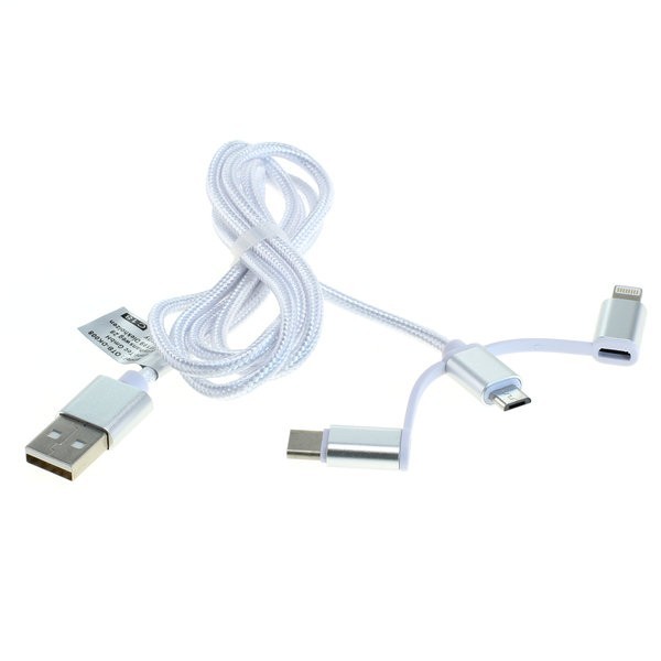 USB-datakabel til Apple iPhone XS, iPhone XS Max, iPhone XR, 3in1-stik til iPhone, Micro USB, USB-C, med opladningsfunktion, ca. 1 meter lang, hvid