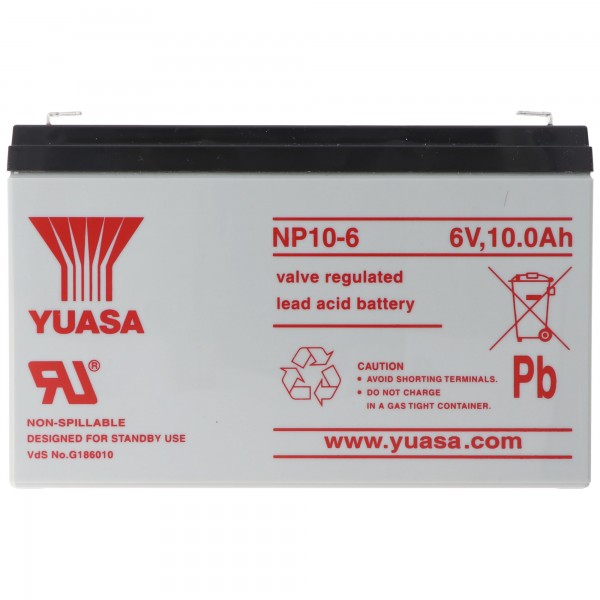 Yuasa NP10-6 blybatteri 6 volt med 10Ah og Faston 4.8mm kontakter