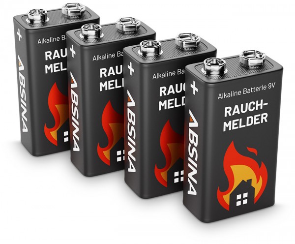 4-pack alkaliske 9V 6LR61 blokbatterier, der er ideelle til røgdetektorer, røgalarmer, måleenheder, legetøj og andre