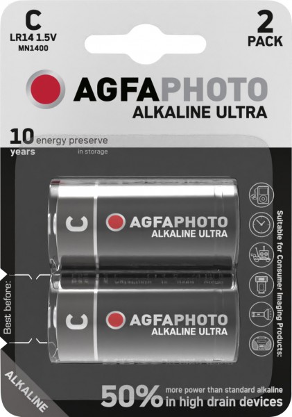 Agfaphoto Battery Alkaline, Baby, C, LR14, 1,5V Ultra, Retail Blister (2-Pack)