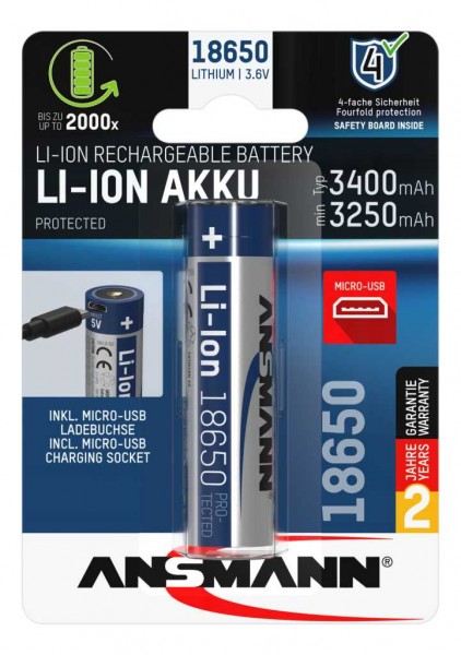 Ansmann LiIon 18650 3.6V 3400mAh med mikro-USB opladningsstik med beskyttelseskredsløb