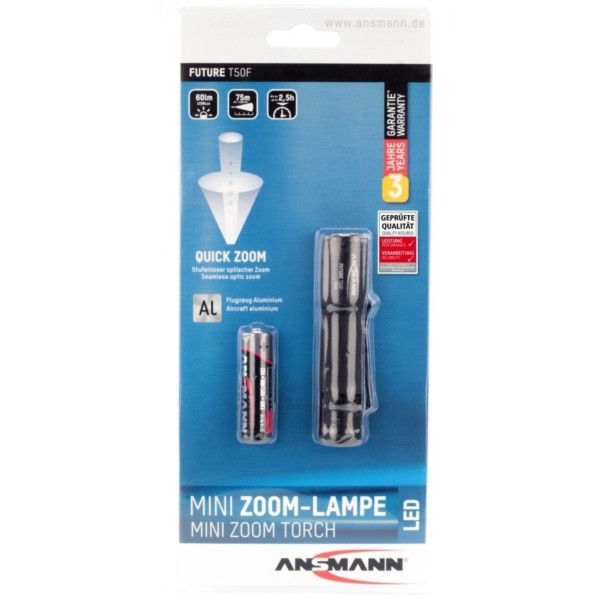 Ansmann professionel LED-lommelygte med trinløs fokus inklusive Alkaline Mignon AA-batteri og aftagelig bælteklips