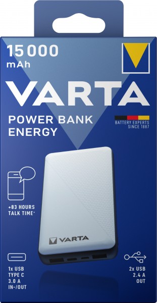 Varta batteri powerbank, 5V/15.000mAh, Energi, hvid 2xUSB-A/Micro-B/-C