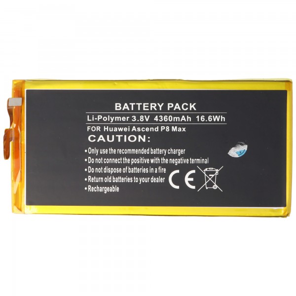 Batteri passer til Huawei Ascend P8 Max, Li-Polymer, 3.8V, 4360mAh, 16.6Wh, indbygget, uden værktøj