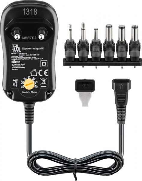 3 V - 12 V universal strømforsyning inkl. 6 DC -adaptere - maks. 12 W og 1 A
