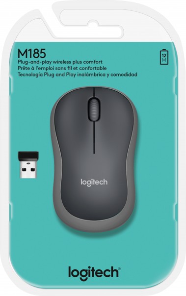 Logitech Mouse M185, trådløs, grå optisk, 1000 dpi, 3 knapper, detailhandel