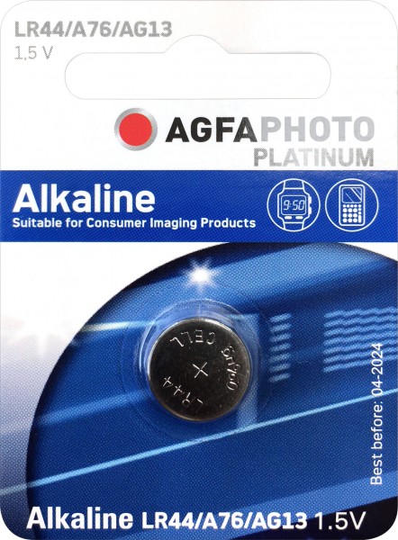 Agfaphoto batteri alkalisk, knapcelle, LR44, V13GA, 1,5V strøm, detailblister (1-pakke)