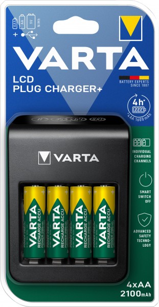 Varta genopladeligt batteri NiMH, universal oplader, LCD Plug Charger+ inkl. genopladelige batterier, 4x Mignon, AA, 2100mAh, USB