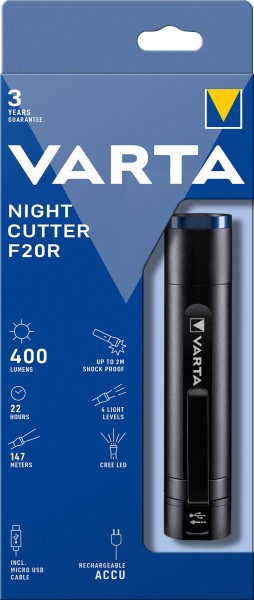 Varta LED-lygte Night Cutter F20R 400lm, inkl. 1x micro USB-kabel, detailblister