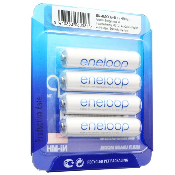 Sanyo Eneloop HR-4UTGB blisterpakning med 4 AAA eneloops og 1x AccuCell opbevaringsboks AAA