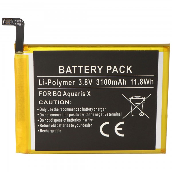 Batteri passer til BQ Aquaris X, BQ 3100 batteri Li-ion, 3.8V, 3100mAh dimensioner 70,7 x 61,6 x 4,0 mm note