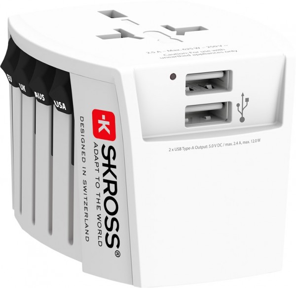 Skross World Adapter MUV USB 2xA - Kompakt 2-bens verdensrejseadapter med 2 integrerede USB-porte