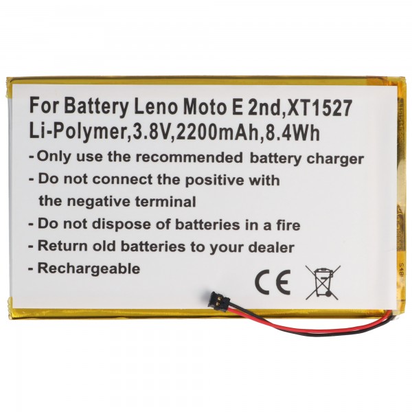 Batteri passer til Lenovo Moto E 2nd, XT1527, Li-Polymer, 3.8V, 2200mAh, 8.4Wh, indbygget, uden værktøj