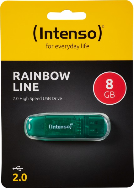 Intenso USB 2.0 stick 8GB, Rainbow Line, grøn (R) 28MB/s, (W) 6,5MB/s, detailblister