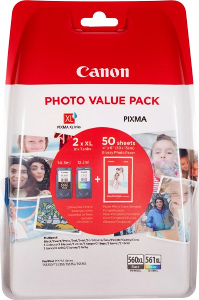 Canon printhoved kombinationspakke PG-560XL/CL-561XL sort/farve, inklusive 50 ark fotopapir 10x15cm
