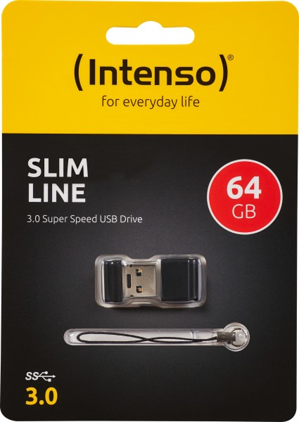 Intenso USB 3.0 Stick 64GB, Slim Line, sort type A, (R) 100MB/s, detailblister