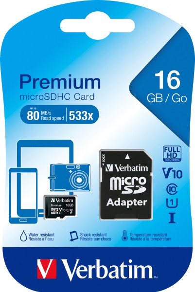 Verbatim microSDHC-kort 16GB, Premium, Klasse 10, U1 (R) 80MB/s, (W) 10MB/s, SD-adapter, detailblister