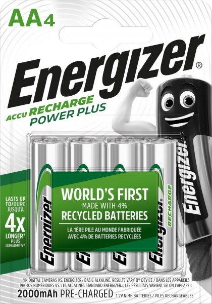 Energizer Batteri NiMH, Mignon, AA, HR06, 1,2V/2000mAh Power Plus, Foropladet, Retail Blister (4-Pack)