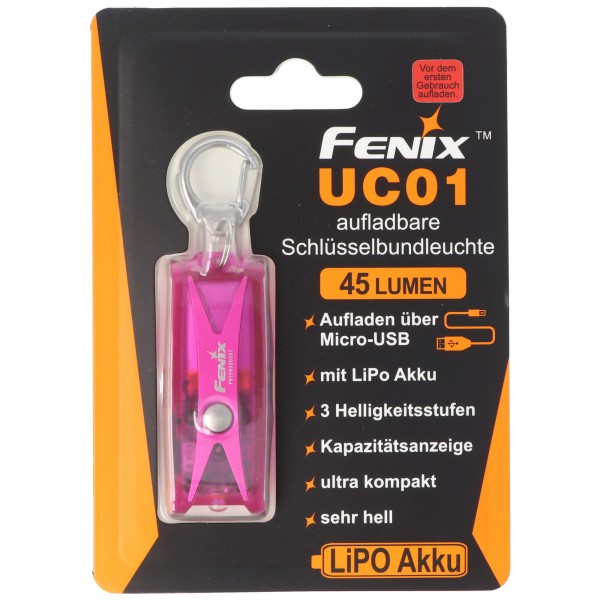Fenix UC01 LED lommelygte i lilla hus, nøglering med batteri og USB opladning funktion