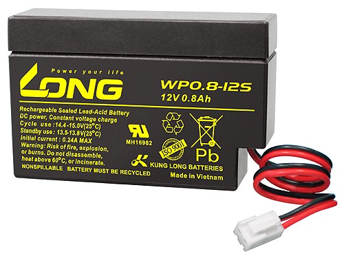 Kung Long WP0.8-12 bly fleece batteri, 12V, 0.8Ah med JST stik