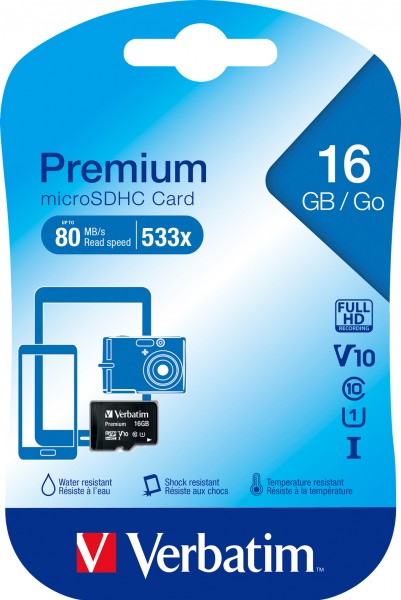 Verbatim microSDHC-kort 16GB, Premium, Klasse 10, U1 (R) 80MB/s, (W) 10MB/s, detailblister