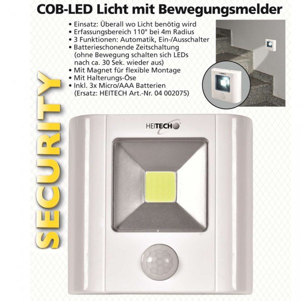 Bevægelsesdetektor med COB-LED-lys automatisk, tænd / sluk-switch med batteribesparende timer