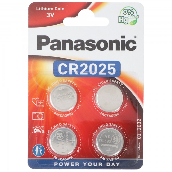 Panasonic batteri lithium, knapcelle, CR2025, 3V elektronik, lithium strøm, detailblister (4-pak)