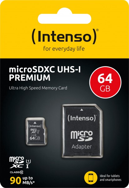 Intenso microSDXC-kort 64GB, Premium, Klasse 10, U1 (R) 90MB/s, (W) 10MB/s, SD-adapter, detailblister