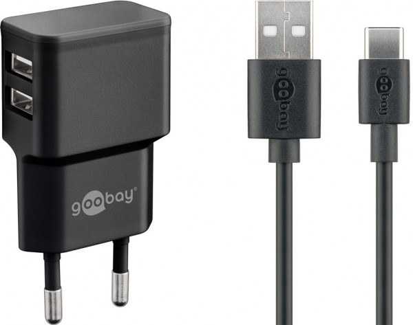 Goobay USB-C™ dobbelt opladningssæt 2,4 A - strømforsyningsenhed med 2x USB-stik og USB Type-C™ 1m kabel (sort)