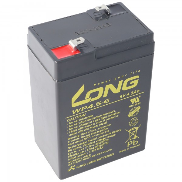 Kung Long WP4.5-6 blybatteri 6 Volt 4.5Ah med Faston 4.8mm stikkontakt