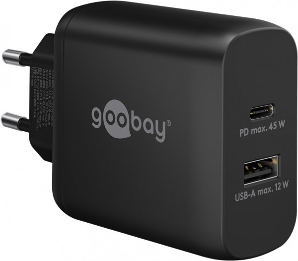 Goobay USB-C™ PD dobbelt hurtigoplader (45 W) sort - 1x USB-C™-port (strømforsyning) og 1x USB-A-port - sort