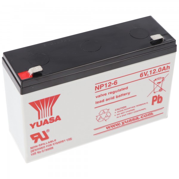 YUASA NP12-6 Batterilad PB 6 Volt 12Ah med Faston stikkontakt 6.3mm bred